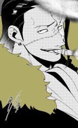 Rule 34 | 1boy, absurdres, ascot, black hair, brown theme, cigar, collared shirt, crocodile (one piece), earrings, hair slicked back, highres, jewelry, male focus, mature male, one piece, pasukaru365, portrait, scar, scar on face, scar on nose, shirt, short hair, smoking, solo, stitches