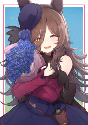 Rule 34 | 1girl, absurdres, animal ears, back bow, belt, black bow, blue dress, blue flower, blue hat, blue rose, bouquet, bow, brown belt, brown hair, closed eyes, crying, dagger, dress, facing viewer, flower, fur collar, hair over one eye, hat, hat flower, highres, holding, holding bouquet, horse ears, horse girl, horse tail, knife, lace, lace-trimmed dress, lace trim, large bow, long hair, long sleeves, off-shoulder dress, off shoulder, open mouth, rice shower (umamusume), rose, sheath, sheathed, solo, standing, tail, tears, tilted headwear, umamusume, weapon, yu-muge