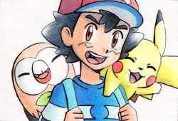Rule 34 | 1boy, :d, ash ketchum, baseball cap, black hair, brown eyes, creatures (company), game freak, gen 1 pokemon, gen 7 pokemon, hands up, hat, highres, holding strap, looking at viewer, male focus, nintendo, oka mochi, on shoulder, open mouth, pikachu, pokemon, pokemon (anime), pokemon (creature), pokemon on shoulder, pokemon sm (anime), red headwear, rowlet, shirt, short hair, short sleeves, smile, striped clothes, striped shirt, t-shirt, teeth, tongue, traditional media, upper body, upper teeth only