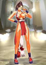 Rule 34 | 1girl, bare shoulders, breasts, breasts apart, brown eyes, brown hair, fatal fury, hand on own hip, high ponytail, highres, iehay, japanese clothes, large breasts, long hair, midriff peek, ninja, one eye closed, pelvic curtain, ponytail, revealing clothes, shiny skin, shiranui mai, smile, solo, standing, the king of fighters