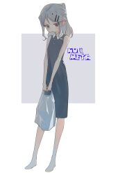 Rule 34 | 1girl, absurdres, agoshi sakina, bag, bare shoulders, black dress, brown eyes, buttons, collared dress, commentary, copyright name, dress, fish hair ornament, full body, grey hair, hair ornament, hairclip, highres, holding, holding bag, jaggy lines, kurobeko (kur0bek0), light blush, looking at viewer, medium hair, null-meta, parted lips, plastic bag, ponytail, short dress, sidelighting, sidelocks, sleeveless, sleeveless dress, solo, sweat, swept bangs, symbol-only commentary, v arms