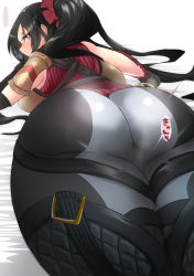 Rule 34 | 1girl, absurdres, ass, bad id, bad pixiv id, black hair, blush, breasts, heart, heart-shaped pupils, highres, huge ass, kai schren, long hair, looking at viewer, looking back, lying, namonakisyura, on stomach, pants, ponytail, purple eyes, senjou no valkyria (series), senjou no valkyria 4, shiny clothes, solo, symbol-shaped pupils, thighs, tight clothes, tight pants, translation request, very long hair, white background, wide hips