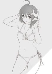 Rule 34 | 1girl, ahoge, bikini, breasts, closed mouth, crescent, crescent hair ornament, crescent necklace, greyscale, hair between eyes, hair ornament, halterneck, jewelry, kiikii (kitsukedokoro), looking at viewer, monochrome, navel, necklace, pointy ears, rena lanford, short hair, side-tie bikini bottom, simple background, smile, solo, split mouth, star ocean, star ocean the second story, swimsuit, thighs, white background