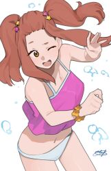 Rule 34 | bare shoulders, breasts, brown hair, cowboy shot, crop top, flower bracelet, forehead, freckles, gochiwa, hair ornament, hairclip, hibike! euphonium, highres, kenzaki ririka, large breasts, long hair, long sidelocks, midriff, navel, one eye closed, open mouth, pink top, splashing, star (symbol), star hair ornament, swimsuit, twintails, water drop, white background, yellow eyes