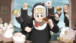Rule 34 | ^ ^, bendy straw, bird, blonde hair, blue eyes, burger, cat, chicken, chili pepper, closed eyes, clumsy nun (diva), commentary, cup, diva (hyxpk), doughnut, drinking straw, duck, english commentary, food, fork, fruit, habit, highres, little nuns (diva), mole, mole on cheek, mug, multiple girls, nun, poster (object), strawberry, strict nun (diva), traditional nun