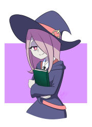 Rule 34 | 1girl, absurdres, book, commentary request, cowboy shot, hair over one eye, half-closed eyes, hat, highres, kiseki richia, little witch academia, long hair, long sleeves, looking at viewer, luna nova school uniform, hugging object, pale skin, pink hair, red eyes, school uniform, signature, simple background, smile, sucy manbavaran, witch, witch hat
