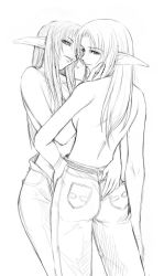 Rule 34 | 00s, 2girls, back, cigarette, cigarette kiss, contemporary, denim, elf, elvaan, final fantasy, final fantasy xi, from behind, greyscale, hand on another&#039;s ass, hand on own hip, hip focus, jeans, long hair, looking back, monochrome, multiple girls, pants, parted bangs, pointy ears, simple background, smoke, smoking, topless, translation request, white background, yuri