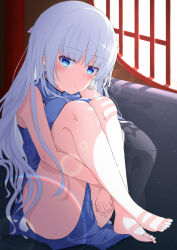 Rule 34 | 1girl, absurdres, bare arms, bare legs, bare shoulders, barefoot, blue dress, blue eyes, blush, breast press, china dress, chinese clothes, closed mouth, commentary request, commission, crossed legs, curvy, day, dress, feet, floral print, frown, full body, hair between eyes, highres, hugging own legs, indoors, jitome, knee up, knees up, kyamiuu, legs together, lens flare, light particles, long hair, looking at viewer, naruse shiroha, sidelighting, sidelocks, sitting, skeb commission, solo, summer pockets, thighs, toes, very long hair, white hair, window