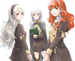 Rule 34 | 3girls, book, cape, celica (fire emblem), corrin (female) (fire emblem), corrin (fire emblem), cosplay, earrings, fire emblem, fire emblem: three houses, fire emblem awakening, fire emblem echoes: shadows of valentia, fire emblem fates, fire emblem heroes, hair between eyes, hair ornament, hairband, jewelry, long hair, looking at viewer, multiple girls, nintendo, pointy ears, red eyes, red hair, robaco, robin (female) (fire emblem), robin (fire emblem), school uniform, silver hair, simple background, smile, tiara, twintails, uniform, white background