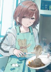 Rule 34 | 1girl, apron, artist logo, bowl, brown eyes, brown hair, commentary request, curry, egg, egg (food), food, hair ornament, hairclip, highres, higuchi madoka, holding, holding bowl, hood, hoodie, idolmaster, idolmaster shiny colors, indoors, ladle, long sleeves, mole, mole under eye, paayan (hagakinorock54), parted lips, pocket, rice, short hair, sidelocks, solo, steam, stuffed animal, stuffed toy, sunny side up egg, teddy bear, upper body, white hoodie, window