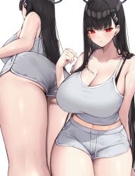 Rule 34 | 1girl, absurdres, ass, bare shoulders, black hair, blue archive, blunt bangs, blush, bra strap, breasts, collarbone, commentary request, dolphin shorts, hair ornament, hairclip, halo, highres, huge breasts, long hair, looking at viewer, mono (mo n mno), multiple views, parted lips, red eyes, rio (blue archive), shirt, shorts, sleeveless, sleeveless shirt, thighs, twitter username, very long hair