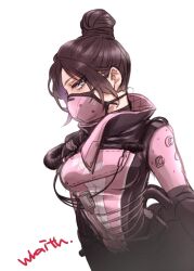 Rule 34 | 1girl, animification, apex legends, black hair, blue eyes, bodysuit, breasts, cable, character name, hair behind ear, hair bun, jun (junxjunx), looking to the side, medium breasts, official alternate costume, pink bodysuit, simple background, single hair bun, solo, upper body, void specialist wraith, white background, wraith (apex legends)