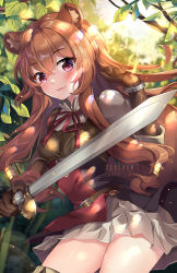 Rule 34 | 1girl, animal ear fluff, animal ears, artist name, blurry, blurry background, blush, branch, brown gloves, brown hair, brown shirt, commentary request, day, depth of field, forest, gloves, hair between eyes, hair tubes, hand up, highres, holding, holding sword, holding weapon, layered sleeves, long hair, long sleeves, looking at viewer, nature, neck ribbon, outdoors, parted lips, pleated skirt, puffy short sleeves, puffy sleeves, raccoon ears, raccoon girl, raccoon tail, raphtalia, red eyes, red ribbon, ribbed shirt, ribbon, shirt, short over long sleeves, short sleeves, skirt, solo, squchan, sunlight, sword, tail, tate no yuusha no nariagari, very long hair, watermark, weapon, web address, white skirt