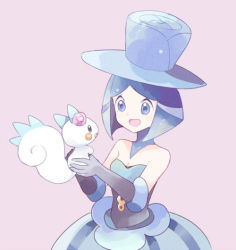 Rule 34 | 10s, 1girl, bad id, bad pixiv id, bare shoulders, battle chatelaine, blue eyes, blue hair, creatures (company), dress, elbow gloves, evelyn (pokemon), game freak, gen 4 pokemon, gloves, hat, mei (maysroom), multicolored hair, nintendo, npc trainer, open mouth, pachirisu, pokemon, pokemon (creature), pokemon xy, simple background, smile, top hat, two-tone hair
