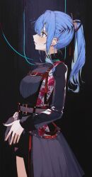 Rule 34 | 1girl, absurdres, black nails, blue eyes, blue hair, ear piercing, facing to the side, floral print, flower, from side, highres, hololive, hoshimachi suisei, hoshimachi suisei (shout in crisis), long hair, long sleeves, looking up, official alternate costume, parted lips, piercing, ponytail, profile, red flower, red rose, rose, rose print, sidelocks, solo, tsukino (nakajimaseiki), virtual youtuber