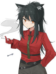 Rule 34 | 1girl, animal ear fluff, animal ears, arknights, belt, between fingers, black belt, black hair, black pants, cigarette, closed mouth, collared shirt, commentary, cowboy shot, enunomiya, expressionless, gloves, green necktie, hand on own hip, hand up, highres, holding, light blush, long hair, long sleeves, looking at viewer, necktie, official alternate costume, orange eyes, pants, ponytail, red gloves, red shirt, shirt, sidelocks, simple background, sketch, smoke, smoking, solo, standing, symbol-only commentary, texas (arknights), texas (willpower) (arknights), white background, wolf ears, wolf girl
