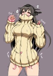 Rule 34 | 10s, 1girl, black hair, blush, breasts, hairband, headgear, ishimiso (ishimura), kantai collection, living clothes, long hair, nagato (kancolle), naked sweater, pussy juice, red eyes, restrained, ribbed sweater, simple background, solo, sweater, tentacles, tentacles under clothes