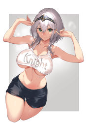 Rule 34 | 1girl, alternate costume, armpits, bare shoulders, black shorts, blush, border, breasts, clothes writing, collarbone, diadem, green eyes, grey background, hair between eyes, hands up, highres, hololive, kakage, large breasts, looking at viewer, navel, outside border, shirogane noel, short hair, short shorts, shorts, silver hair, smile, solo, thighs, underboob, virtual youtuber, white border