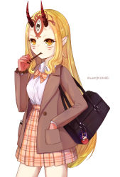Rule 34 | 1girl, artist name, bag, bag charm, blonde hair, bow, bowtie, bracelet, brown coat, character charm, character doll, charm (object), coat, collared shirt, cowboy shot, eating, facial mark, fate/grand order, fate (series), fingernails, food, forehead, hand in pocket, high-waist skirt, highres, horns, ibaraki douji (fate), jewelry, kumei, long fingernails, long hair, long sleeves, looking at viewer, open clothes, open coat, orange bow, orange bowtie, orange skirt, pearl bracelet, plaid, plaid bow, plaid bowtie, plaid neckwear, plaid skirt, pocky, pointy ears, school bag, school uniform, sharp fingernails, shirt, shuten douji (fate), sidelocks, simple background, skin-covered horns, skirt, solo, standing, white background, white shirt, wing collar, yellow eyes