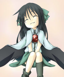 Rule 34 | 1girl, :3, aged down, asymmetrical clothes, black hair, blush, cape, closed eyes, hair ribbon, happy, head tilt, highres, inu wi, reiuji utsuho, revision, ribbon, simple background, sitting, smile, solo, touhou, v arms, wings
