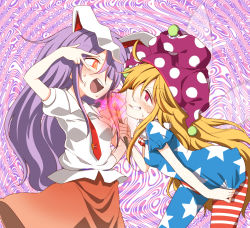 Rule 34 | 2girls, @ @, abstract background, american flag dress, american flag legwear, animal ears, blonde hair, blouse, clownpiece, fairy wings, fire, glowing, glowing eyes, grin, harusame (unmei no ikasumi), hat, hypnosis, jester cap, long hair, mind control, multiple girls, neck ruff, necktie, open mouth, pantyhose, pink eyes, pink skirt, polka dot, power connection, puffy short sleeves, puffy sleeves, purple hair, rabbit ears, red eyes, red necktie, reisen udongein inaba, round teeth, shirt, short sleeves, skirt, smile, smug, star (symbol), star print, striped, sweat, teeth, torch, touhou, very long hair, white shirt, wings