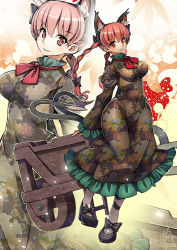 Rule 34 | 1girl, animal ears, braid, breasts, cat ears, cat girl, cat tail, dress, female focus, floral print, frilled dress, frills, green dress, halftone, halftone background, juliet sleeves, kaenbyou rin, large breasts, long hair, long sleeves, looking at viewer, multiple tails, puffy sleeves, red eyes, red hair, smile, solo, tail, touhou, twin braids, umigarasu (kitsune1963), very long hair, wheelbarrow