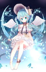 Rule 34 | 1girl, ankle bow, ankle ribbon, anklet, aqua eyes, aqua hair, aqua nails, bad id, bad pixiv id, barefoot, blush, bonnet, bow, chin strap, dohj00, dress, feathered wings, floating, frilled dress, frills, hair ornament, hatsune miku, highres, invisible chair, jewelry, leg ribbon, long hair, looking at viewer, nail polish, petals, ribbon, sidelocks, sitting, smile, solo, toenail polish, toenails, very long hair, vocaloid, white dress, white wings, wings, wrist bow, x hair ornament
