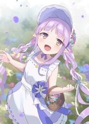 Rule 34 | 1girl, :d, basket, blue flower, blurry, blurry background, blush, bonnet, braid, brown eyes, collarbone, commentary request, day, depth of field, dress, flower, frilled dress, frills, gucchiann, hat, highres, kyouka (princess connect!), long hair, looking at viewer, low twintails, open mouth, outdoors, petals, pink flower, pointy ears, princess connect!, ribbon-trimmed dress, sleeveless, sleeveless dress, smile, solo, star (symbol), twin braids, twintails, very long hair, white dress, white hat