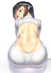 Rule 34 | 1girl, ass, backboob, backless outfit, bare back, black hair, blue eyes, breasts, butt crack, commentary request, grey sweater, highres, large breasts, leaning forward, light particles, looking to the side, meme attire, naked sweater, open mouth, ribbed sweater, shiny clothes, shiny skin, sideboob, soramiruku, sweater, turtleneck, turtleneck sweater, twisted neck, virgin killer sweater