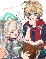Rule 34 | 2boys, :d, blonde hair, book, hand on own chin, head wings, height difference, highres, jacket, mugimugis, multiple boys, nintendo, open mouth, orange background, red jacket, shulk (xenoblade), smile, teelan (xenoblade), white background, wings, xenoblade chronicles, xenoblade chronicles: future connected, xenoblade chronicles (series), xenoblade chronicles 1
