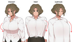 Rule 34 | 1girl, abs, absurdres, belt, black pants, breasts, brown hair, collared shirt, curtain call challenge (meme), english text, closed eyes, eyes visible through hair, highres, large breasts, long sleeves, meme, multiple views, oddsnail, original, pants, shirt, shirt tucked in, short hair, simple background, taut clothes, taut shirt, upper body, white background, white shirt