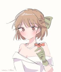Rule 34 | 1girl, bow, braid, brown eyes, brown hair, crab, dress, french braid, gloves, green bow, green gloves, hair bow, highres, kantai collection, oboro (11th anniversary) (kancolle), oboro (kancolle), off-shoulder dress, off shoulder, samekun (samekun s), short hair, simple background, solo, upper body, white background, white dress