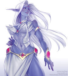 Rule 34 | 1girl, aleriia v, armlet, bad id, bad tumblr id, blue skin, breasts, brown eyes, colored skin, elf, fantasy, gem, hair intakes, hand on own hip, highres, jewelry, large breasts, lips, long hair, long skirt, nail polish, necklace, night elf (warcraft), nose, pointy ears, queen azshara, side slit, silver hair, skirt, smile, solo, tiara, warcraft, white background, white skirt, world of warcraft