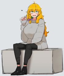 Rule 34 | 1girl, bad id, bad twitter id, bags under eyes, black footwear, black pants, blonde hair, bow, braid, breasts, commentary, cookie (touhou), full body, green eyes, grey background, grey sweater, hair bow, highres, kirisame marisa, large breasts, long hair, looking at viewer, mars (cookie), ohasi, open mouth, pants, purple bow, shoes, side braid, single braid, sitting, sleeves past wrists, smile, solo, sweater, touhou, waving