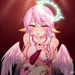 Rule 34 | 1girl, angel wings, blush, breasts, bridal gauntlets, commentary request, spiked halo, crop top, cross, feathered wings, finger to mouth, gradient eyes, gradient hair, halo, jibril (no game no life), large breasts, long hair, looking at viewer, low wings, magic circle, meru rumi, midriff, multicolored eyes, multicolored hair, nail polish, naughty face, navel, no game no life, orange eyes, pink hair, seductive smile, sideboob, single thighhigh, smile, solo, symbol-shaped pupils, tattoo, thighhighs, thighs, very long hair, white wings, wing ears, wings, yellow eyes