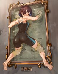 Rule 34 | 1girl, ahoge, ass, bare legs, barefoot, brown eyes, brown hair, from behind, full body, glory wall, highres, koutetsujou no kabaneri, looking at viewer, looking back, mumei (kabaneri), one-piece swimsuit, restrained, short hair, solo, stuck, swimsuit, through wall, vorpal cotton