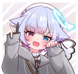 Rule 34 | 1girl, :d, amemiya nazuna, angel, angel wings, black gloves, blue eyes, blue nails, blush, braid, broken halo, commentary, detached wings, earrings, fang, fingerless gloves, frilled shirt, frills, gloves, grey sweater, halo, hat, heterochromia, highres, jewelry, looking at viewer, milk tea 1993, nail polish, open mouth, partially fingerless gloves, pink eyes, shirt, short hair, single braid, single earring, skin fang, smile, sweater, symbol-only commentary, v, virtual youtuber, vshojo, white hair, white headwear, white shirt, wings