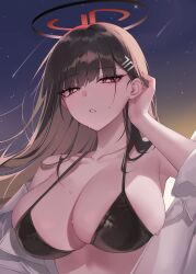 Rule 34 | 1girl, absurdres, bare shoulders, bikini, black bikini, black hair, black halo, blue archive, breasts, bright pupils, cleavage, collarbone, commentary request, hair ornament, hairpin, halo, highres, korean commentary, large breasts, long hair, night, night sky, off shoulder, raki kr, red eyes, rio (blue archive), shirt, sky, solo, swimsuit, white pupils, white shirt
