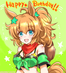 Rule 34 | 1girl, :d, animal ears, armband, bandana, bandeau, bare shoulders, bikini, bikini under clothes, blue eyes, blush, breasts, brown hair, cleavage, commentary request, detached sleeves, front-tie top, green armband, green background, hair between eyes, hair ornament, happy birthday, horse ears, kuromori yako, large breasts, long hair, looking at viewer, midriff, open mouth, ponytail, short sleeves, smile, solo, star (symbol), star hair ornament, strapless, swimsuit, taiki shuttle (umamusume), tail, tube top, umamusume, upper body