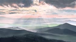 Rule 34 | absurdres, banishment, cloud, cloudy sky, commentary request, day, fog, highres, hill, landscape, original, overcast, scenery, sky, sunlight, valley