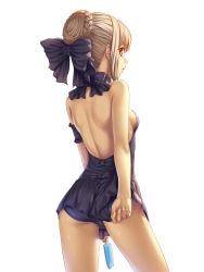 Rule 34 | 1girl, adjusting clothes, adjusting swimsuit, arms at sides, artoria pendragon (all), artoria pendragon (fate), ass, back, back focus, backless outfit, bare back, bare shoulders, black one-piece swimsuit, blonde hair, bow, braid, breasts, candy, choker, cowboy shot, fate/stay night, fate (series), food, frilled swimsuit, frills, from behind, hair bow, hair bun, hair ribbon, halterneck, highres, kukuri (ahagon), lollipop, looking back, one-piece swimsuit, open mouth, popsicle, ribbon, saber (fate), saber alter, shoulder blades, sideboob, single hair bun, small breasts, solo, standing, swimsuit, swimsuit tug, white background, yellow eyes