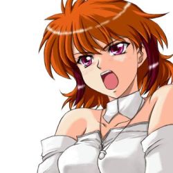 Rule 34 | 1girl, :o, angry, banpresto, bare shoulders, detached collar, detached sleeves, ibis douglas, jewelry, looking away, lowres, necklace, open mouth, purple eyes, red hair, short hair, simple background, solo, super robot wars, upper body