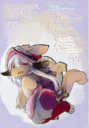 Rule 34 | 1girl, absurdres, animal ears, blush, brown eyes, fang, furry, furry female, highres, long hair, looking at viewer, made in abyss, nanachi (made in abyss), open mouth, pointing, rabbit ears, smile, solo, translation request, tsukushi akihito, white hair