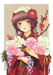 Rule 34 | 10s, 1girl, 2012, branch, brown eyes, brown hair, carnation, carrying, flower, hair flower, hair ornament, highres, japanese clothes, kayu, kimono, lips, new year, obi, open mouth, original, plum blossoms, sash, short hair, smile, solo, wisteria