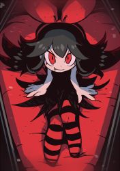 Rule 34 | &gt;:), 1girl, black dress, black hair, coffin, dress, fang, fang out, from above, hair between eyes, highres, knees together feet apart, long hair, looking at viewer, lying, original, pantyhose, rariatto (ganguri), red eyes, red ribbon, red theme, ribbon, sitting, slit pupils, solo, striped clothes, striped legwear, striped pantyhose, v-shaped eyebrows, vampire, zakuro (rariatto)