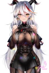 Rule 34 | 1girl, aegir (azur lane), azur lane, bare shoulders, black gloves, black skirt, bodystocking, breast curtains, breasts, covered navel, cowboy shot, cross, cross-laced clothes, dated, demon horns, gloves, hair between eyes, hair on horn, hands on own chest, highres, horns, iron cross, large breasts, long hair, looking at viewer, miniskirt, multicolored hair, navel, red hair, signature, simple background, skirt, solo, streaked hair, taut clothes, thigh gap, two-tone hair, underbust, very long hair, white background, white hair, xes (xes 5377), yellow eyes
