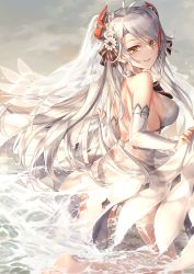Rule 34 | 1girl, antenna hair, azur lane, bare shoulders, breasts, brown eyes, commentary, detached sleeves, dress, flower, hair flower, hair ornament, headgear, highres, kneeling, ks (xephyrks), large breasts, long hair, looking at viewer, looking back, mole, mole on breast, parted lips, prinz eugen (azur lane), prinz eugen (symphonic fate) (azur lane), sideboob, silver hair, smile, solo, swept bangs, thighhighs, very long hair, water, wet, wet clothes, white dress, white thighhighs