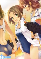Rule 34 | 10s, 3girls, absurdres, adjusting clothes, adjusting swimsuit, ass, backless outfit, bare back, blue eyes, breasts, brown hair, collarbone, competition swimsuit, covered navel, dutch angle, green eyes, gun, hand up, heki junko, high school fleet, highres, holding, holding gun, holding weapon, jacket, medium breasts, multiple girls, ogasawara hikari, one-piece swimsuit, open clothes, open jacket, open mouth, scan, short hair, swimsuit, tontoro, water gun, weapon, white jacket