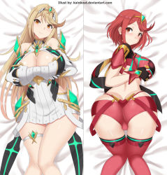 Rule 34 | 2girls, ahoge, ass, bare shoulders, blonde hair, blush, grabbing another&#039;s breast, breast hold, breasts, butt crack, circlet, cleavage, dakimakura (medium), deep skin, dress, fingerless gloves, from behind, gloves, grabbing, kainkout, large breasts, long hair, looking at viewer, looking back, multiple girls, mythra (xenoblade), nintendo, orange eyes, pyra (xenoblade), red eyes, red hair, scarf, shiny clothes, shiny skin, short hair, short shorts, shorts, sideboob, smile, swept bangs, thigh strap, thighhighs, very long hair, xenoblade chronicles (series), xenoblade chronicles 2