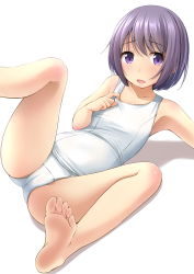 Rule 34 | 1girl, barefoot, feet, flat chest, highres, looking at viewer, lying, old school swimsuit, one-piece swimsuit, original, purple eyes, purple hair, school swimsuit, shibacha, short hair, simple background, soles, solo, spread legs, swimsuit, toes, white background, white school swimsuit, white one-piece swimsuit